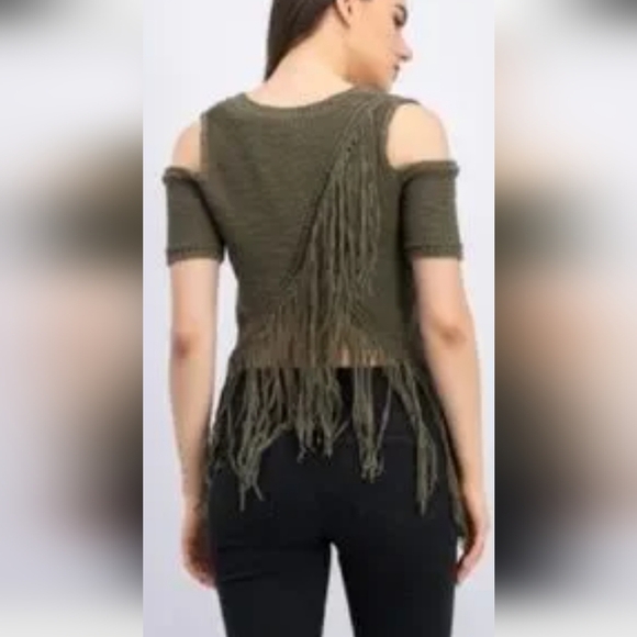BCBGMaxAzria Olive Fringe Knit Cold Shoulder Blouse - Picture 3 of 5